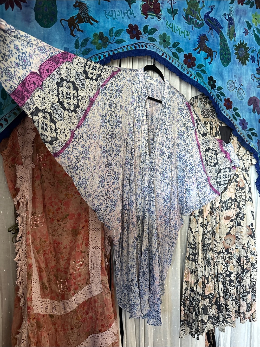 Floreat by Anthropologie Block Print Tunic Top in Blue and Pink 3/4 Sleeve Dress
